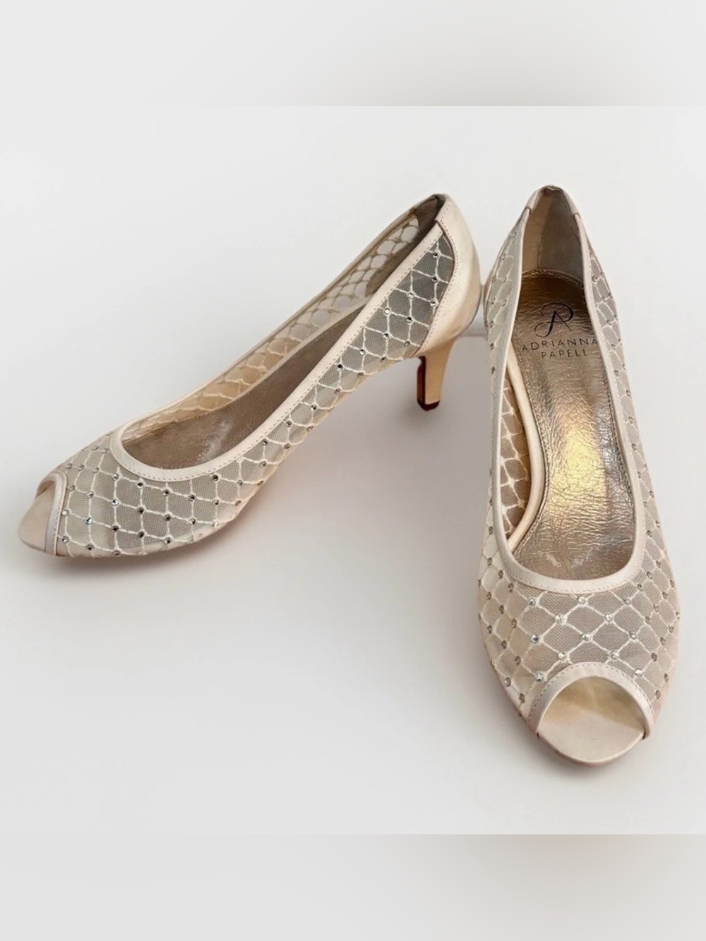 Adrianna Papell Jamie Ivory Rhinestone Mesh Peep Toe Kitten Heel Pumps Size 7M